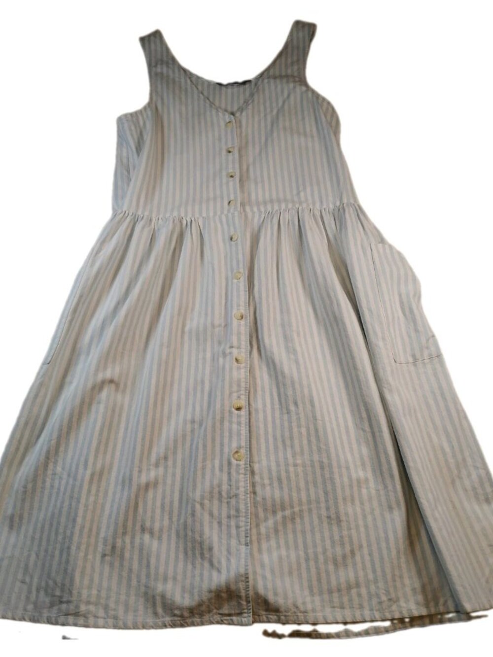 Vtg Lands End Striped Midi Shirt Dress Patch Pockets Pullover Casual Size 14
